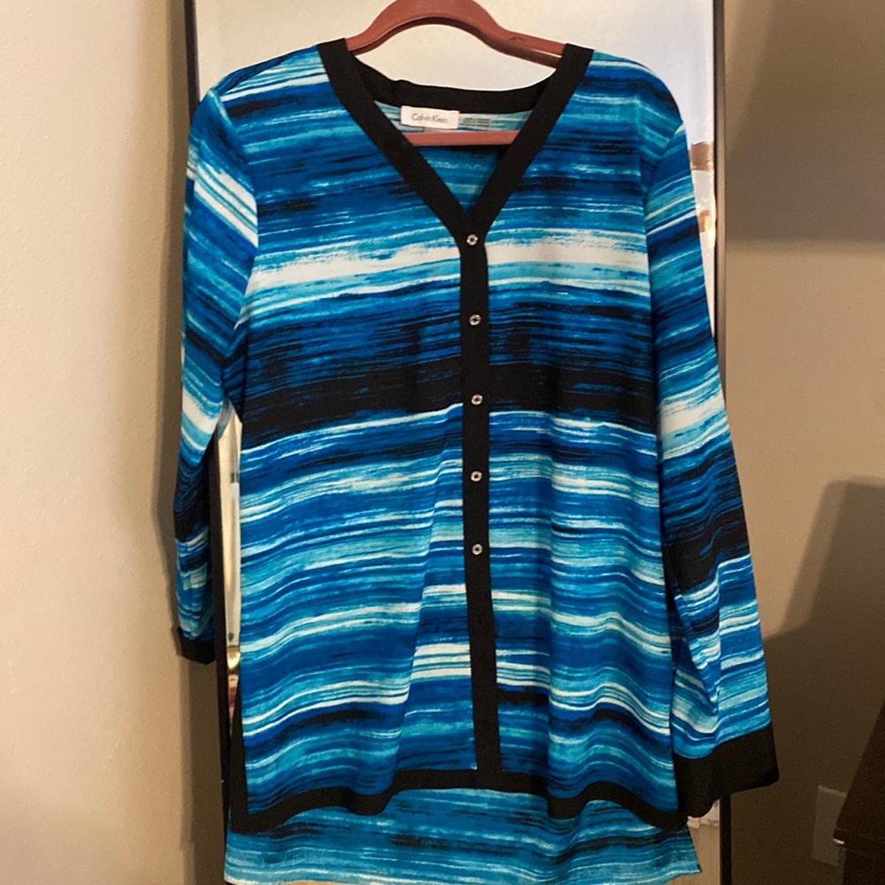 Calvin Klein womens hi-low watercolor blouse